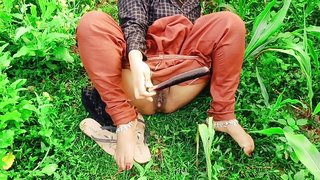 Beautiful housewife having sex with eggplant in her pussy. In the mustard garden.outdoor sex.