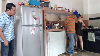 The cuckold looks surprised as his step-dad fucks me hard in the kitchen while I swallow his milk.
