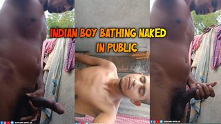Indian Village boy bathing bare in outdoor and stroking his ample cock 
