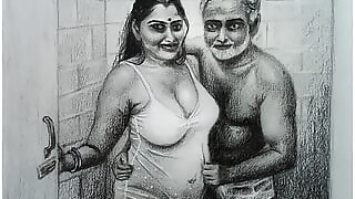 Erotic Art Or Drawing Sexy Desi Indian Woman inwards Bathroom with Father In Law